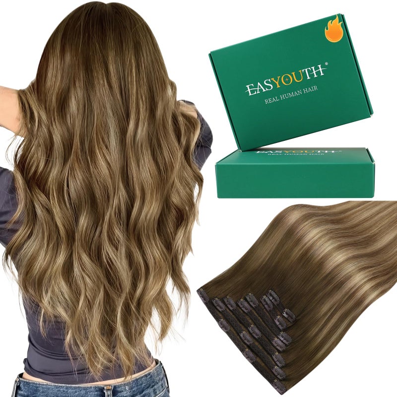 Easyouth Clip in Extensions Real Human Hair Balayage Clip on Hair Extensions for Women Dark Brown Fading to Caramel Blonde Mix Brown Dyeable Hair Extension Clips in 18 Inch 120G 7Pcs